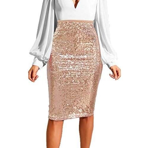 Summer Outfits for Women High Waist Light Pink Sequined Skirts Custom Made Knee Length Invisible Zipper Back Skirts 2020