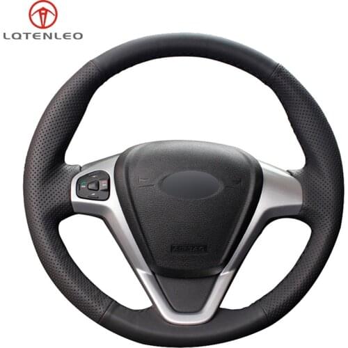 LQTENLEO Black Genuine Leather Hand Sew Car Steering Wheel Cover For Ford Fiesta 2008-2013 Ecosport 2013-2016