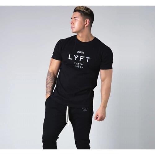 Lyft2021 Muscle Brothers Summer Fitness Short Sleeve Mens Cotton Loose Sports Large Round Neck Solid Color Top Fashion