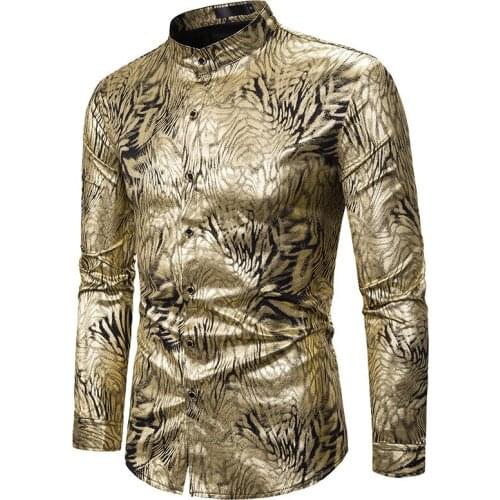 Shiny Gold Snake Patter Print Mandarin Collar Shirt Men 2020 Brand Slim Fit Long Sleeve Mens Dress Shirts Nightclub Prom Costume