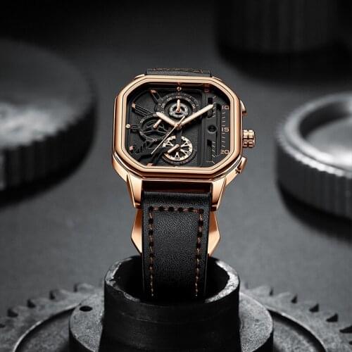 NEKTOM 2021 New Watches Square Sport Mens Watches Waterproof Full Leather Quartz Gold Clock Man Watches Luminous Wristwatch