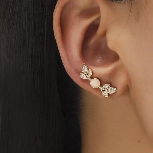 New Zircon Leaf Ear Clip for Women Simple Imitation Opal Earrings Without Pierced Earrings Korean Small Fresh Fashion Jewelry