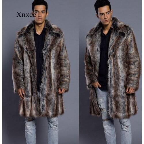 Faux Mink Fur Coat New Winter Mens Turn-Down Collar Printed Striped Long Windbreaker Loose Casual Male Fox Leather Jacket