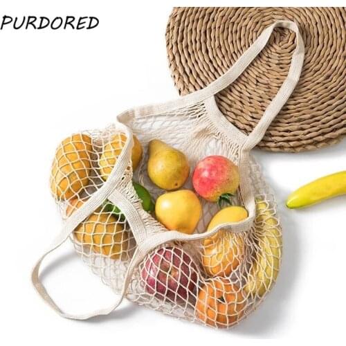 PURDORED 1 Pc Portable Reusable Women Shopping Bags Fruit Vegetable Grocery Bag Cotton Mesh String Organizer Handbag Net Tote