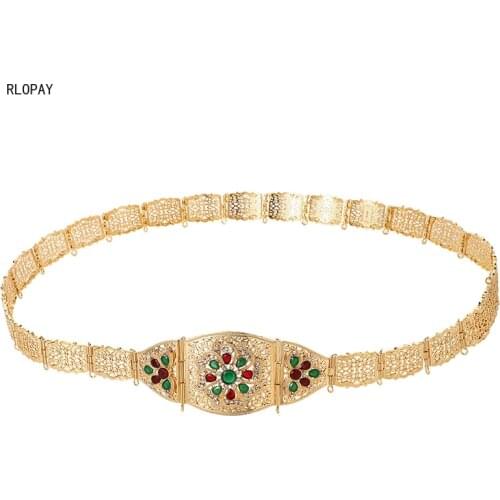 Luxury Rhinestone Flower Belt Buckle Women Waist Chain In Gold Moroccan Caftan Wedding Belts Ethnic Bridal Jewelries