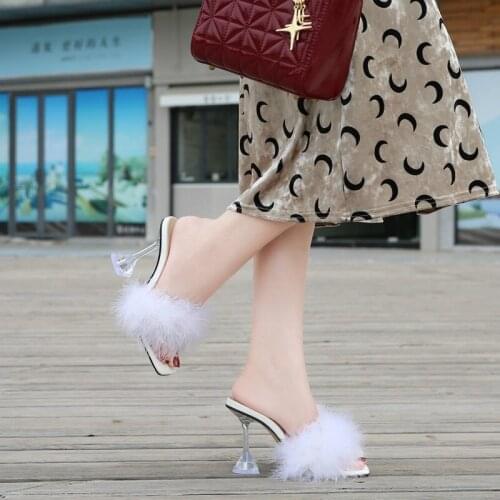 Summer Woman Pumps PVC Transparent Feather Perspex Crystal High Heels Fur Peep Toe Mules Slippers Ladies Slides Shoes