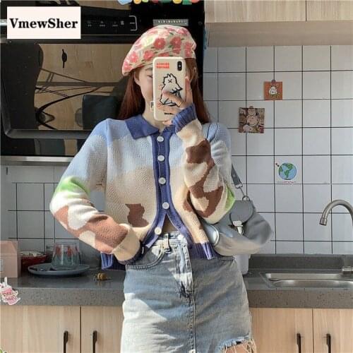 VmewSher New Spring Autumn Women Sweater Cardigan Short Painted Single Breasted Elegant Chic High Waist Slim Knitted Crop Tops