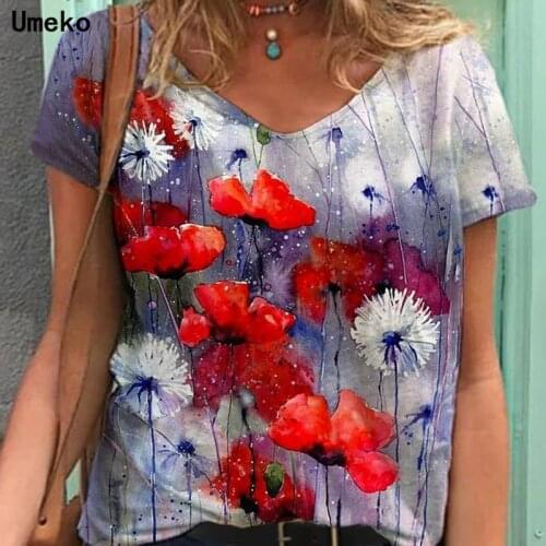 Plus Size 5XL Graphic Tee Shirts Clothing Summer New Fashion Women V-neck Flower Print Short Sleeve Casual Loose T-shirt Y2k Top