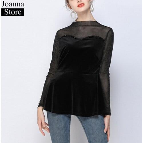 Spring Mesh Splicing Velvet Short T-Shirts Women Long Sleeve High Collar Vintage Elegant Slim Tops Black Plus Size Wild Clothes