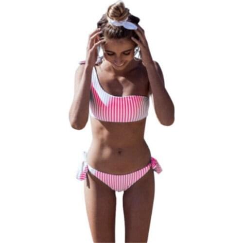 Women Swimwear Striped One Shoulder Swimwear Ladies Swimsuit Push-up Bikini Bathing Suit Biquinis Feminino 2019 Ladies Beachwear