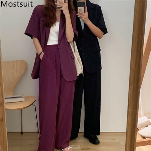 2020 Summer Office Korean Blazer Suits Outfits Women Short Sleeve Blazer + Wide Leg Pants Sets Casual Fashion Solid 2 Piece Sets