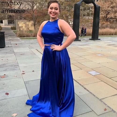 2020 Two Pieces Royal Blue Custom Evening Dresses Halter Neck Satin Floor Length Prom Dress Long Formal For Women Robe De Soiree