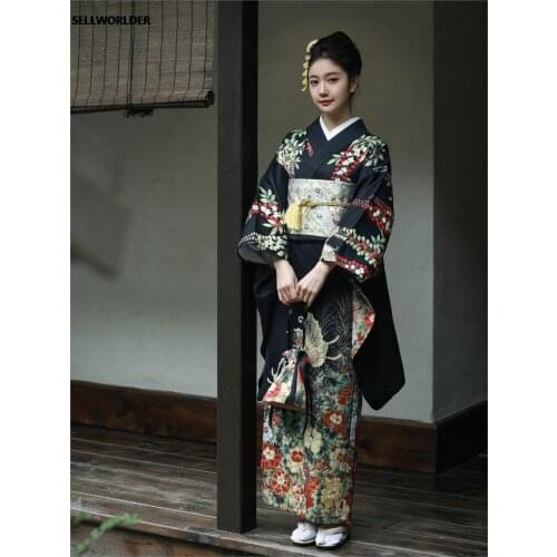 2021 SELLWORLDER Japanese Kimono Style yukata retro Girl black dress Woman bloom print Long Dress with handbag