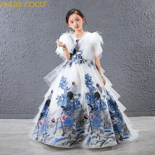 Girl Dress Feather lace Wedding Party Dress Princess Dresses Clothes Size 4-14Y Vestito da ragazza Robe fille Madchen Kleid 2020