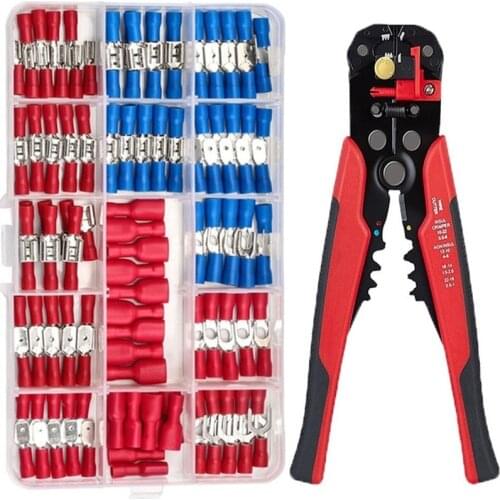 140PCS Insulated Cable Connector Electrical Wire Crimp Spade Butt Ring Fork Ring Lugs Rolled Terminals + Self Adjusting Plier