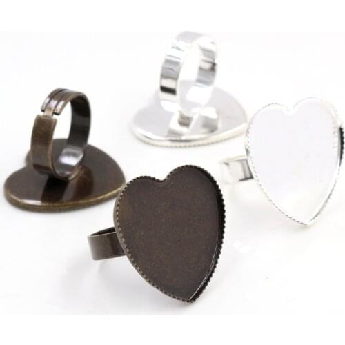 25mm 5pcs Bronze/Silver Plated Heart Style Adjustable Ring Settings Blank/Base,Fit 25mm Glass Cabochons,Buttons;Ring Bezels