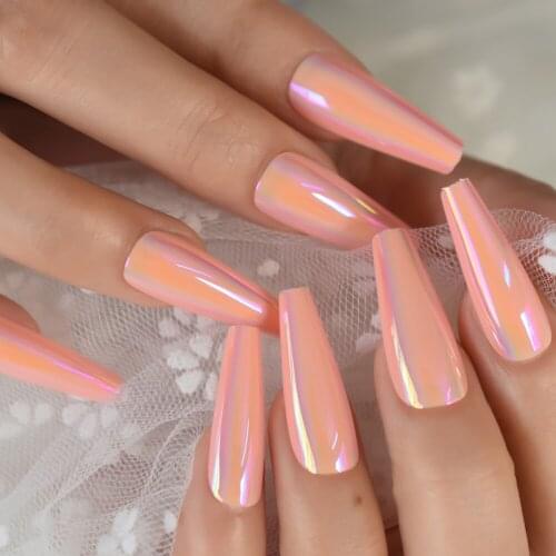 Orange Pink Tapered Press On Nail Extra Long False Holographic Fingernails Salon Full Cover Manicure Tool