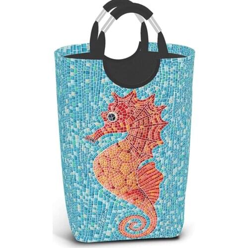 Large Laundry Basket With Handles Ocean Seahorse Mosaic Backgroud Laundry Hamper Toys Storage Organizer Dirty Clothes Bag