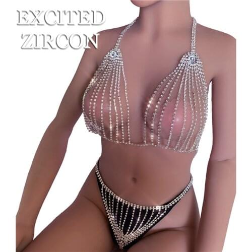 Full Rhinestones Sexy Women Body Accessories Necklace Bra Chest Chain Top Crystal Bikini Thong Panties Belly Waist Chain Set