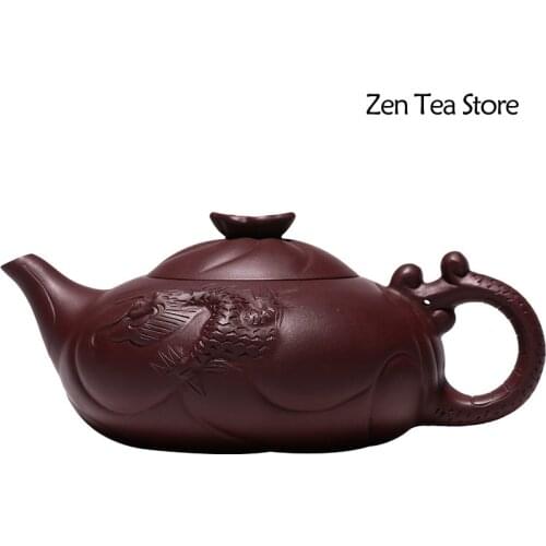 350ml Yixing Authentic Famous Fish and Dragon Purple Clay Teapot Handmade Raw Ore Purple Eggplant Mud Zisha Teapot Art Carving