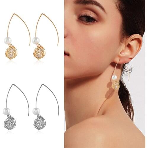CRLEY Geometric Gold Silver Metal Lines Winding Wrapped Pearl Hollow Ball Bird Nest Earrings for Women Long Hooks Earrings