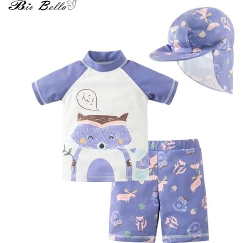 Kids Boy Two Piece Swimsuit Little Boys Children Swiwmear With Swim Cap Short Sleeve UPF50+ Summer Beach Wear Bathing Suit