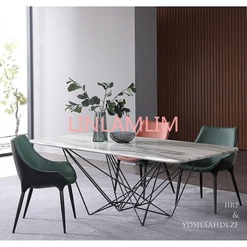 Designer unique new iron natural marble dining room set with rectangle table and 6 leather chairs mesa de jantar muebles comedor
