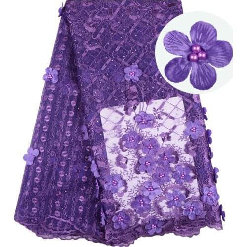 3D Flowers French Lace Fabric 2019 High Quality Lace Purple African Lace with Beads Embroidery Lace For Nigerian Wedding 1543