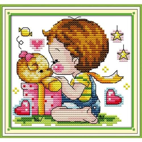 Joy sunday cartoon style Kiss the teddy bear free counted cross stitch patterns kits for baby room decoration
