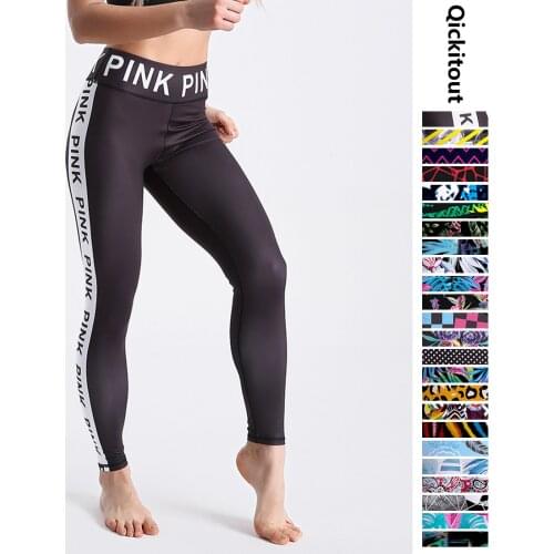 Qickitout Fashion Black Leggings 2018 Summer Long Pants Pink Letter Print Side Patchwork Sexy Casual High Waist Pants Fitness