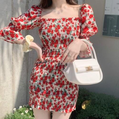 Summer Dress Women Square Collar Floral Dress Female Slim Waist Bag Hip Dresses