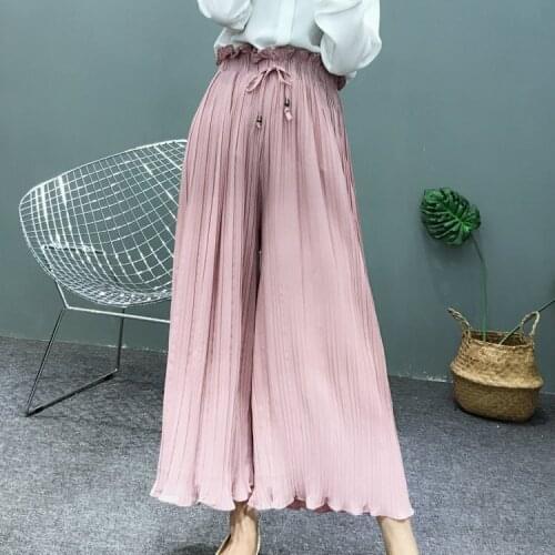 Summer Women High Waist Pleated Chiffon Wide Leg Stretch Pants Girls Loose Elastic Pink Trousers Ladies Skirt Pants Streetwear
