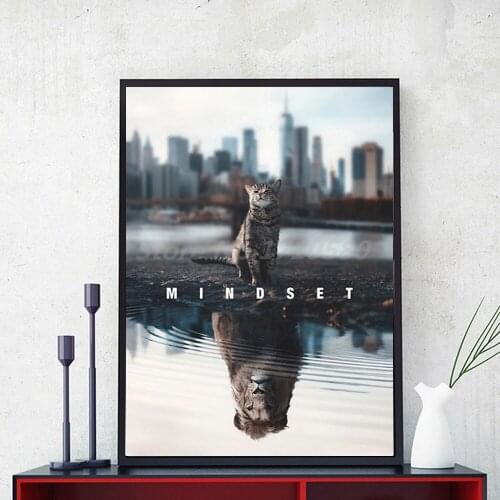 Cat Lion Canvas Painting Animal Mindset Is Everything Motivational Posters And Decorative Wall Art Pictures For Living Room