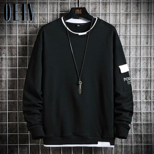 Mens Casual Sweatshirts 2021 Men Fake Two Pieces Hoodie Autumn Streetwear Multi Color O-Neck Fashion Harajuku Male Sweatshirt