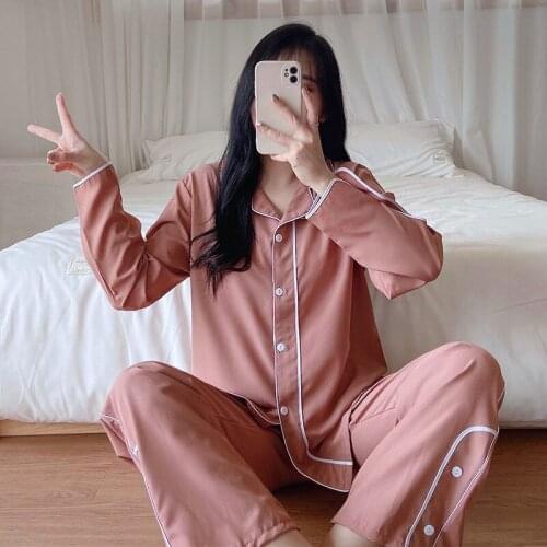 2021New Women Spring Autumn Simple Casual Comfort Loose pajamas Long Sleeve Pant Female Nightgown Home Clothes 2Piece Set
