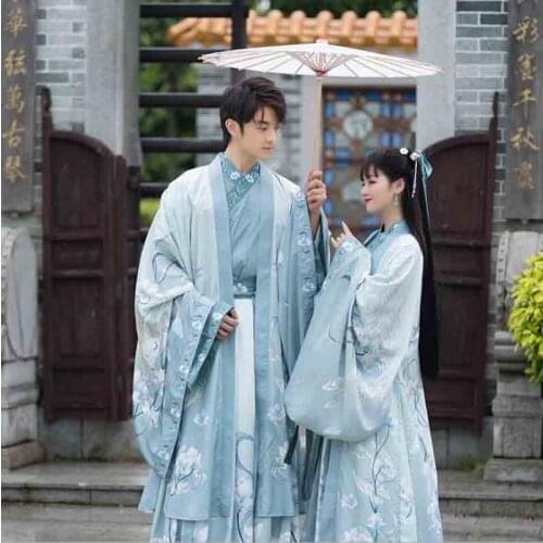 Hanfu Couples Chinese Ancient Traditional Hanfu Men&Women Adult Cosplay Costume Hanfu Dress Blue For Men&Women Plus Size 3XL