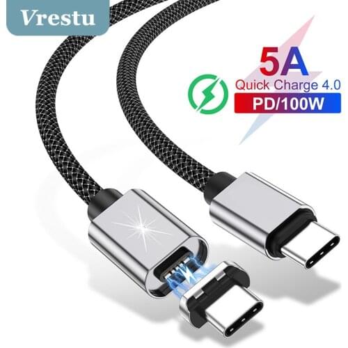 PD 100W Magnetic Plug Quick QC4.0 3.0 Fast Charging Cable USB C to USB Type C Charger Braided Cord Wire LED Sync Data High Speed