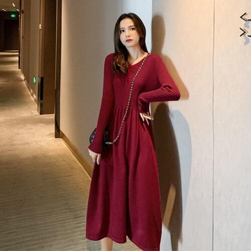 Long Sleeve Dresses 2021 Autumn Winter Knitting Dresses Female Basic Solid Color V Neck A Line Slim Waist Pullover Sweater Dress