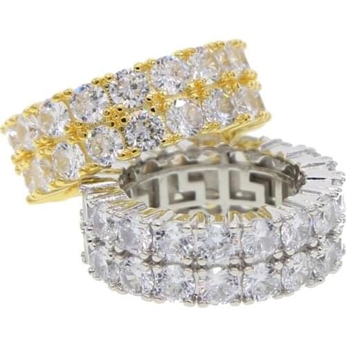 Gold color plated male fashion two rows wide band ring with AAA crystal CZ mens' hiphop jewelry 2019 drop shiping rings