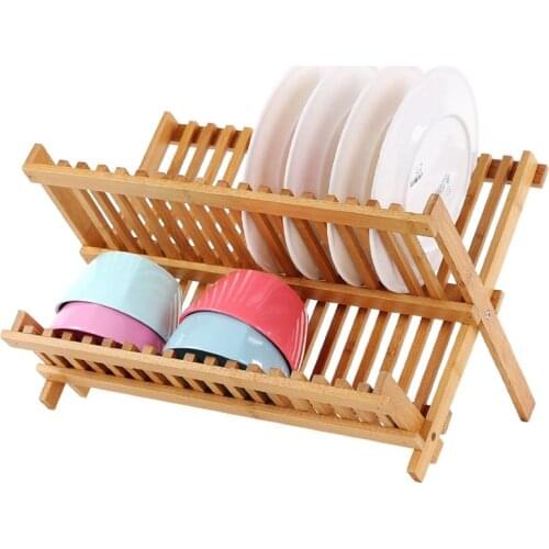 Foldable Bamboo Kitchen Free Standing Dish Drying Rack Plate Bowl Utensil Holder Drainer Shelf Home Household Storage Organizer