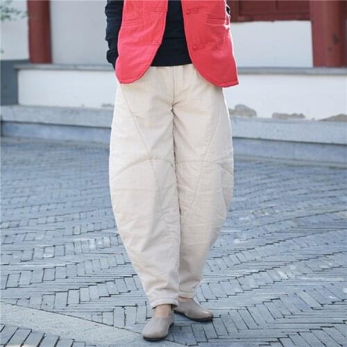 Women Cotton Linen Elastic Waist Solid Color Knickerbockers Ladies Loose Thick Pants Female Warm Winter Trousers Vintage Pants