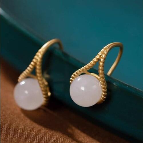 Pure S925 Silver Earrings Women White Jadeite Beads Stud Earrings Fashion Earrings