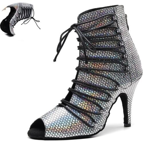 Women Latin Dance Shoes Sliver Gold Glitter Ballroom Tango Salsa Dancing Shoes for Girls Lace Up Salsa Dance Boots Girls EU33-43