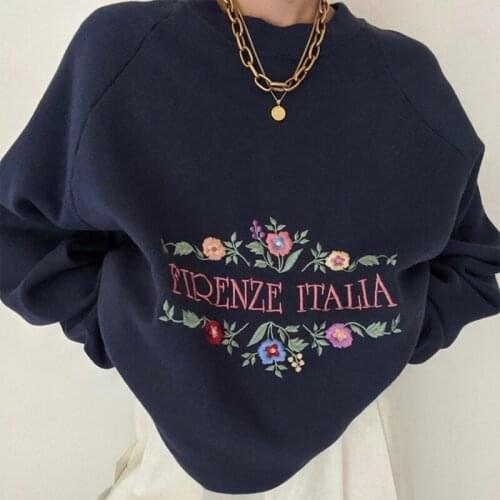 B-TOTO Tide Brand American Retro Navy Blue Embroidery Short Sweater Women Tide Ins Round Neck Pullover 2021 New Fashion