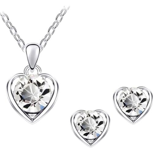 Women Rhinestone Heart Pendant Necklace Chain Stud Earrings Party Jewelry Set