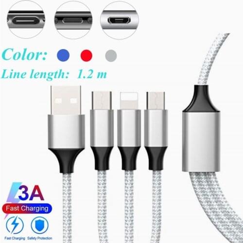 1.2 M 3 Colors Data Cable 3-In-1 Fast Charge Car Multifunctional Nylon Braided Lightning USB Type C Charging Cable