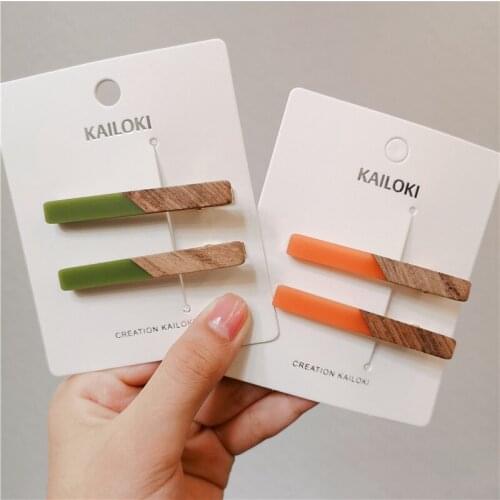 2pc Candy Color Patchwork Geometric Wood Acrylic Hair Clips Women Girls Fashion Hollow Duckbill Clip Barrettes Hair Accessories