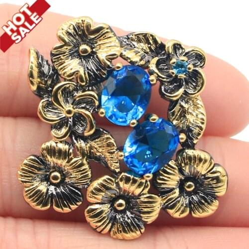 34x34mm SheCrown Gothic Flowers Vintage Created Pink Kunzite Paris Blue Topaz Cool Black Gold Silver Pendant For Woman Gothic