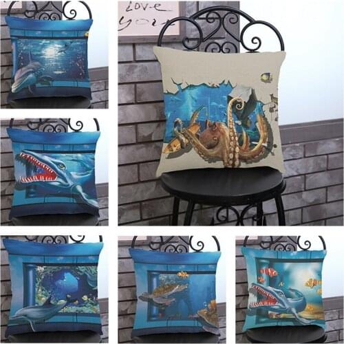 3D Blue Ocean Series Pillowcase Cushion Dolphin Shark Pattern Cotton Linen Decorative Car Sofa Chair Throw Pillows Free Shipping