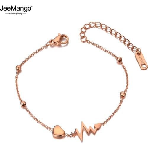 JeeMango Office Style Love Heart Charm Bracelets For Girls Stainless Steel Chain & Link Strand Bracelets Women Jewelry JB20059